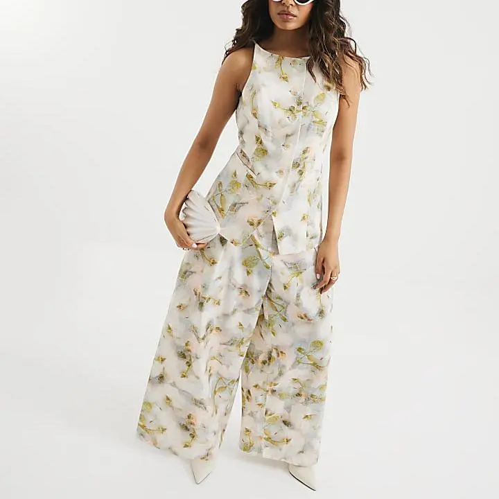 Custom Petite Grey Square Neck Floral tank tops