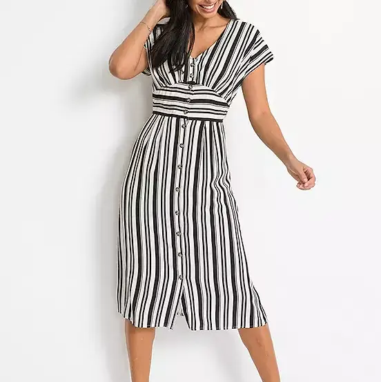 Stylish Black and White Striped Midi Dress with Button Detail
