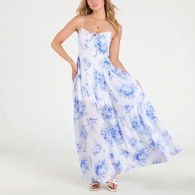 New design Open Tie Back Floral Maxi long sexy women printed Dress
