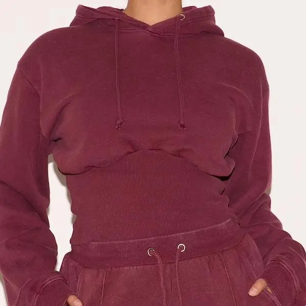Factory custom women Shape Wine Sweat Cropped Shirred Waist Hoodie.jpg