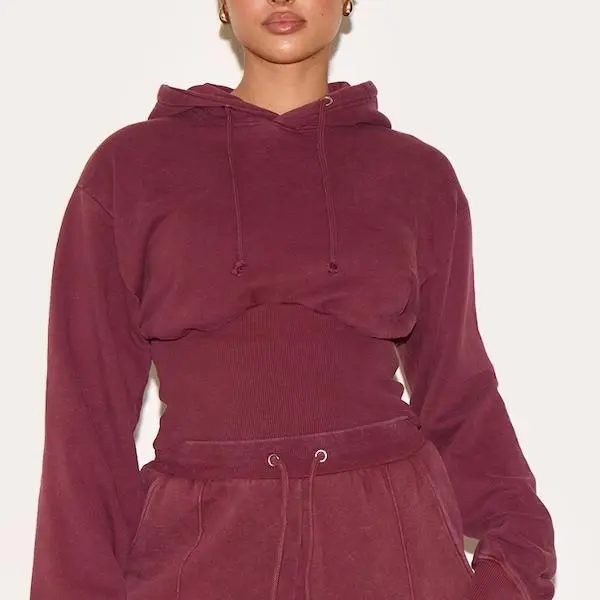 Factory custom women Shape Wine Sweat Cropped Shirred Waist Hoodie