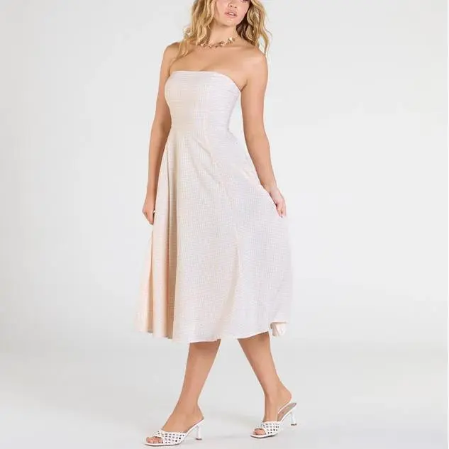 Custom 2025 Latest Design  A Picnic Strapless Gingham women A-Line Midi Dress