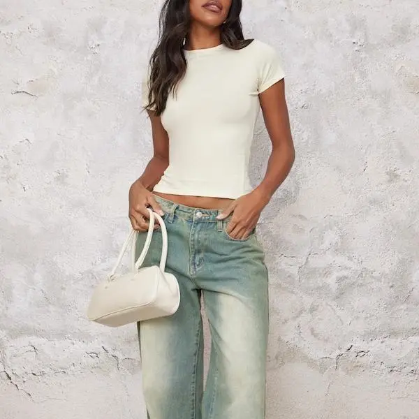 Custom Cream Basic Cotton Blend Fitted Crew Neck T Shirt for women