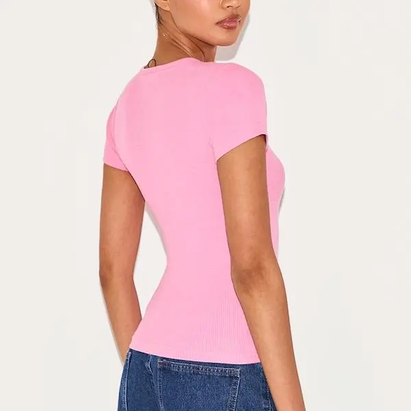 factory custom women Pink Basic Rib Short Sleeve Top.jpg