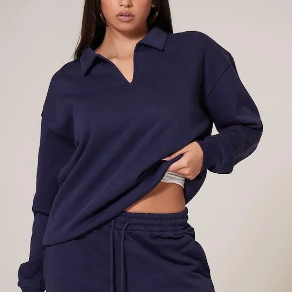 Factory custom women Navy Premium Collared Oversized Sweatshirt