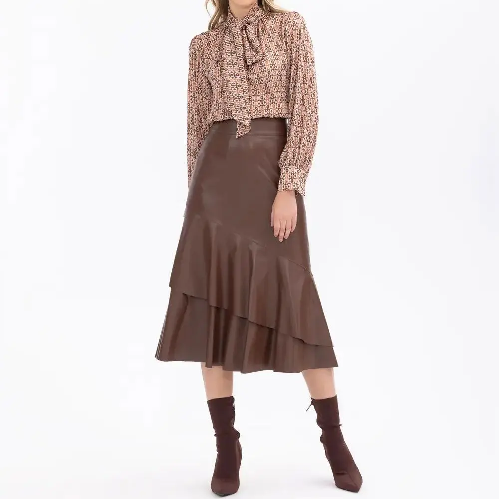custom flounced midi length faux leather skirt