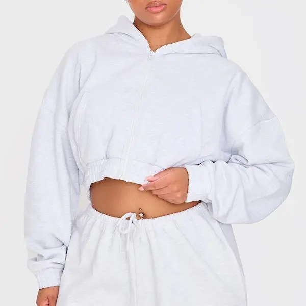 Factory custom women Plus Grey Premium Cropped Waist Detail Hoodie
