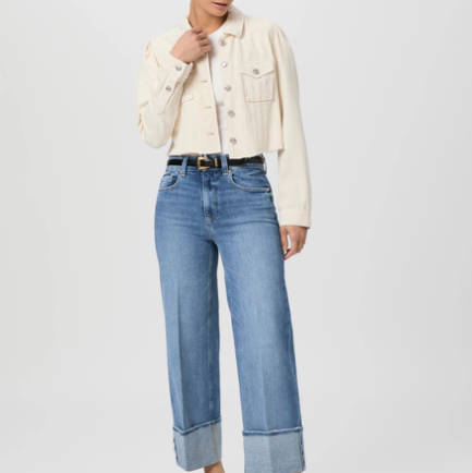 Cream Cropped Denim Jacket with Puff Sleeves