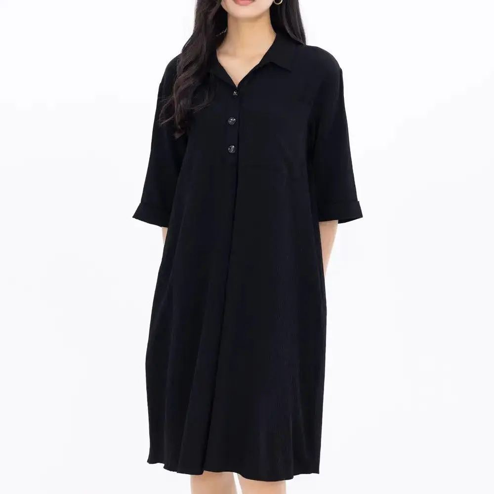 custom woven fabric polo neck three quarter sleeve dress