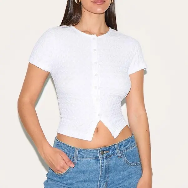 Custom White Textured Button Up Fitted Top for women