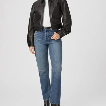Black Cropped Leather Jacket with Pockets