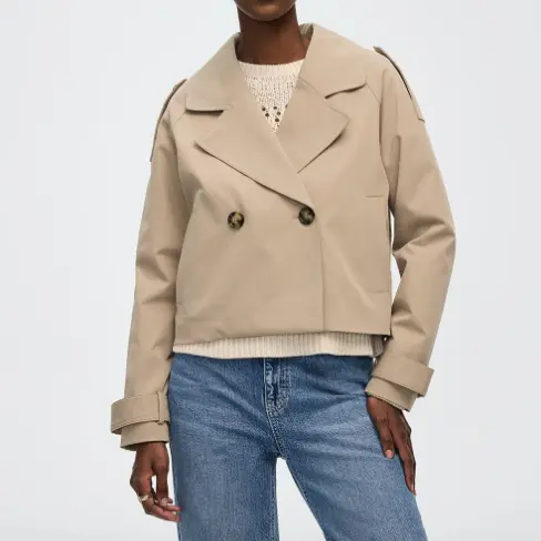 Beige Cropped Trench - style Jacket