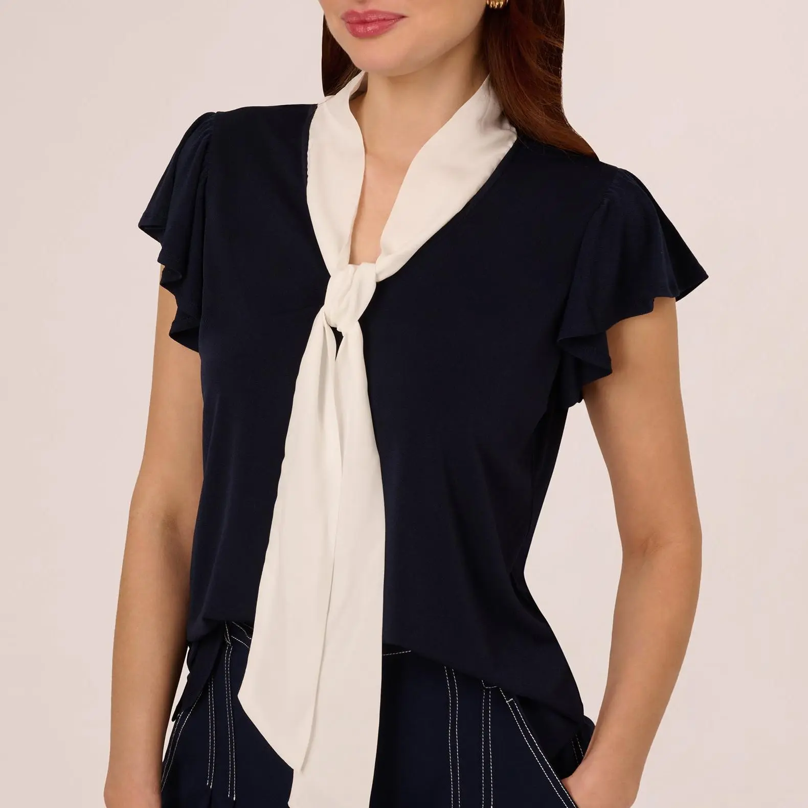 Custom Flutter Sleeve Tie Neck Knit Top