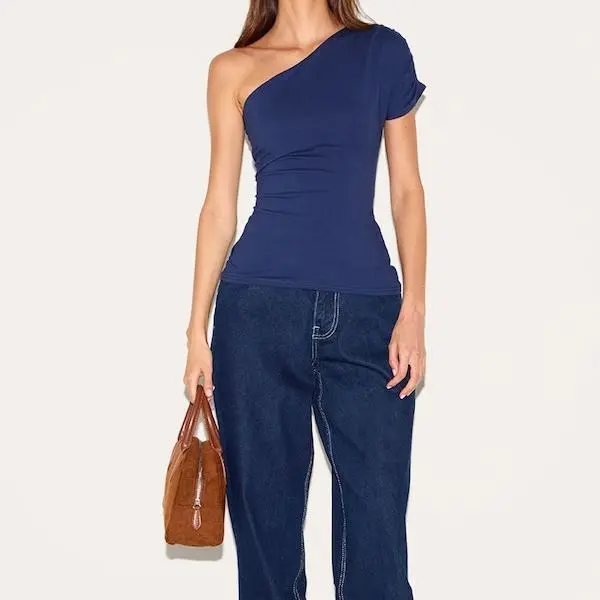 Factory custom women Blue One Shoulder Asymmetric Top.jpg