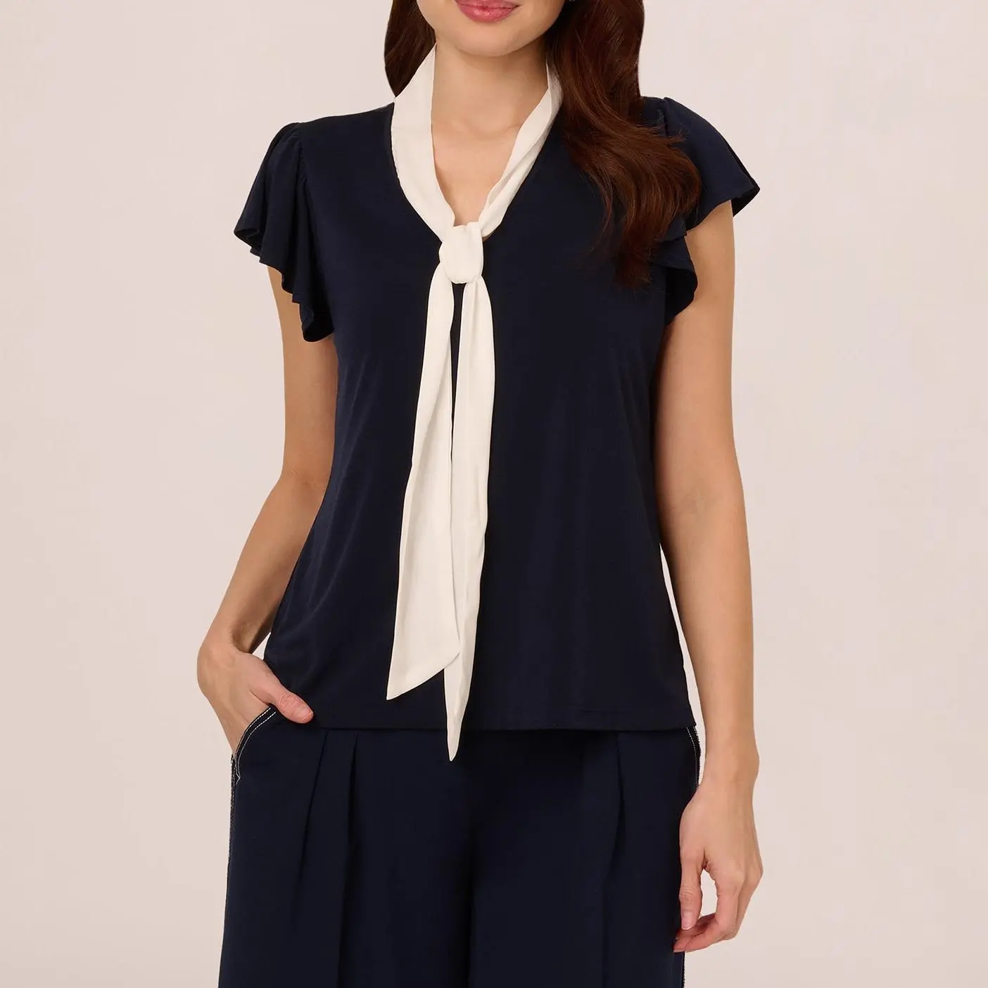 Custom Flutter Sleeve Tie Neck Knit Top