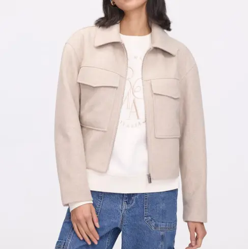 Beige Fleece - like Zip - up Jacket