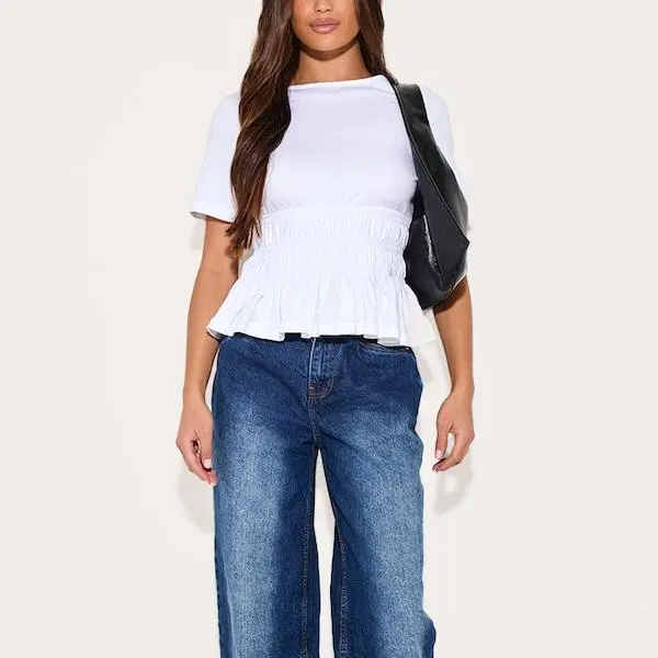 Factory custom White Shirred Fitted T-shirt for women.jpg