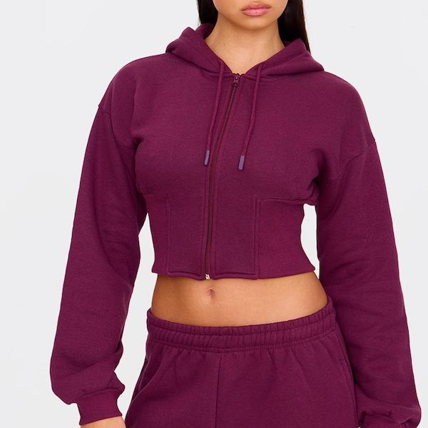 Factory custom women Burgundy Cinched Waist Cropped Zip Up Hoodie