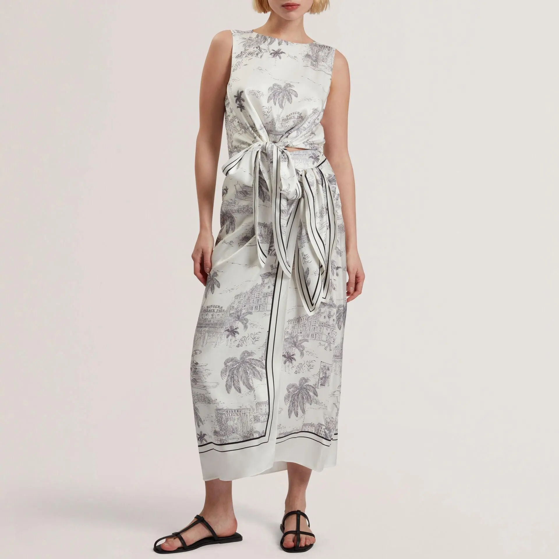 Custom Printed Tie Detail Wrap Midi Skirt