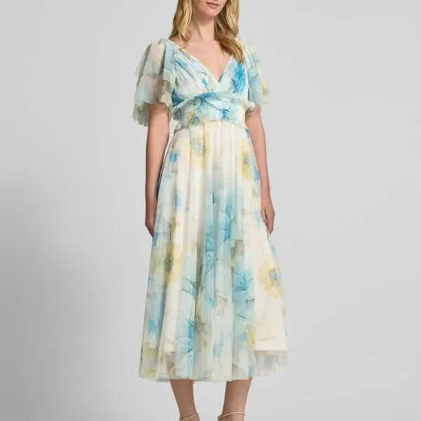 Custom Knee-length dress with V-neck in light blue