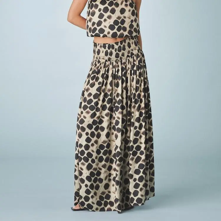 Custom Gold Glossy Satin Printed Pleat Maxi Skirt