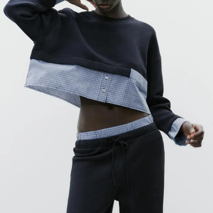 Cropped Black Crew Neck Sweatshirt with Gingham Patchwork