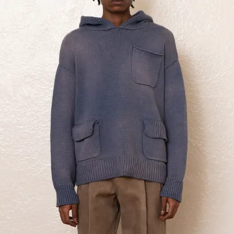 Blue Knit Hoodie with Multiple Pockets