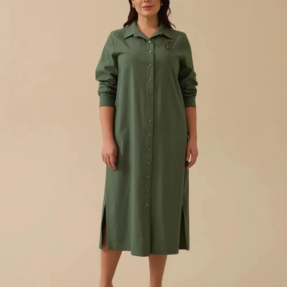 factory custom plus size button-down shirt dress with stone detail