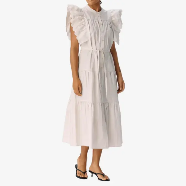Factory Custom Women's White Ruffled - Sleeve Tiered Midi Dress with Belt