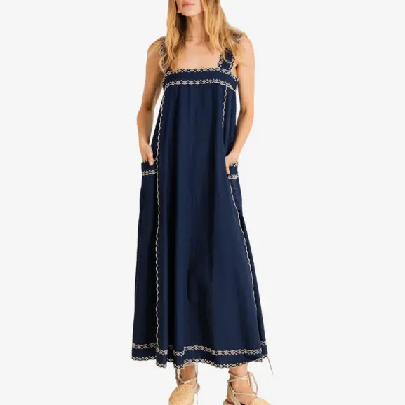 Factory Custom Women's Navy Blue Embroidered Square - Neck Maxi Dress with Pockets