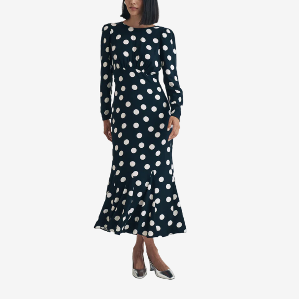Factory Custom Navy Blue and White Polka - Dot Long - Sleeved Midi Dress with Ruffled Hem