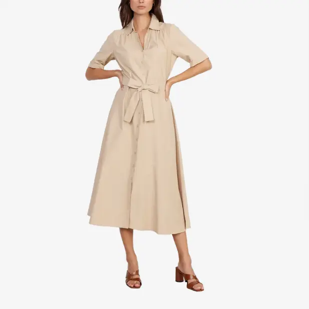 Factory Custom Beige Short - Sleeved Belted Shirt Midi Dress