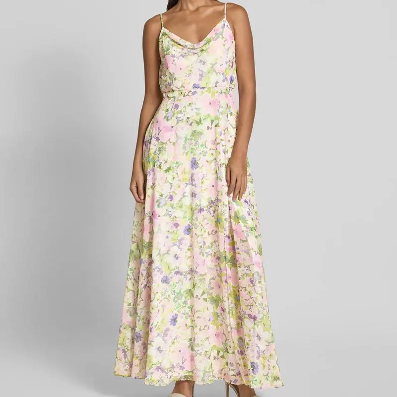 Custom evening dress with cascade neckline in pink