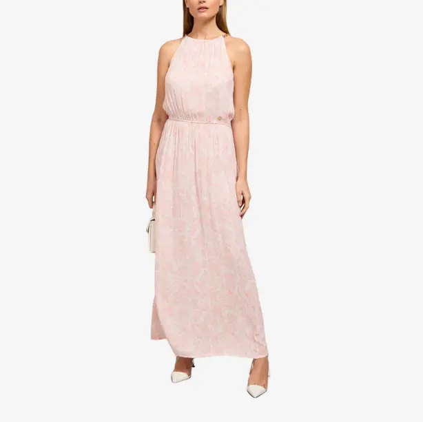 Factory Custom Women's Pink Halter Neck Maxi Dress with Slit