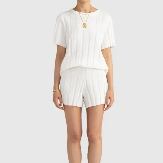 Factory Custom White Ribbed Knit Short - Sleeve Top and Shorts Set