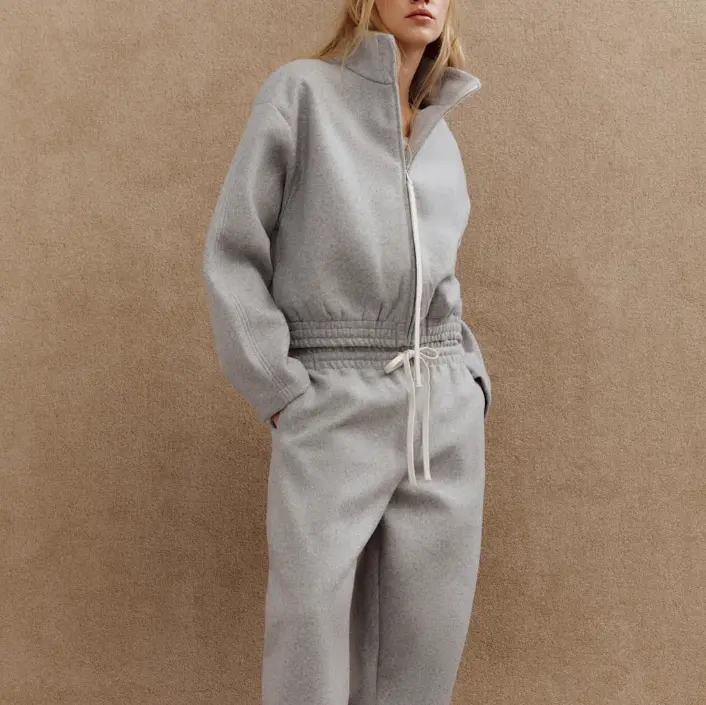Cropped Zip - Up Grey Fleece Set