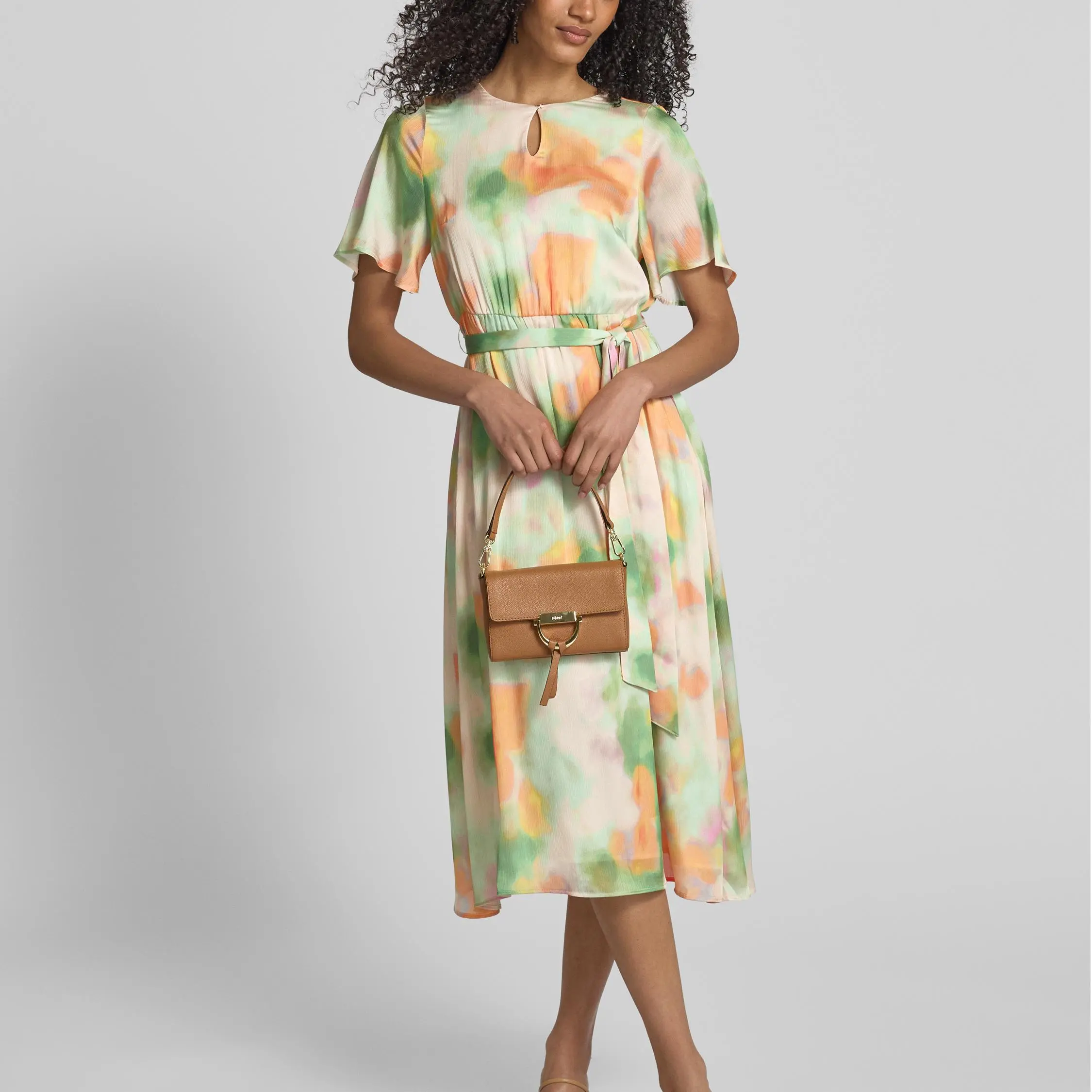 Custom Midi dress with teardrop neck and tie belt in