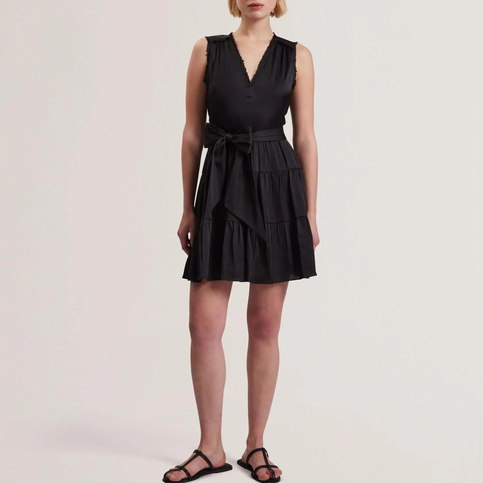Custom Sleeveless Tie Waist Tiered Mini Dress