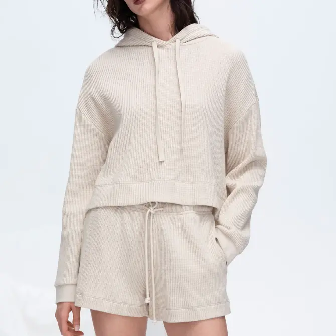 Beige Cropped Waffle - Knit Hoodie