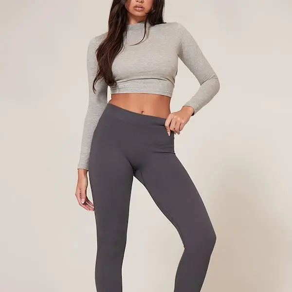 Factory custom women Grey Marl Crew Neck Long Sleeve Fitted Top.jpg