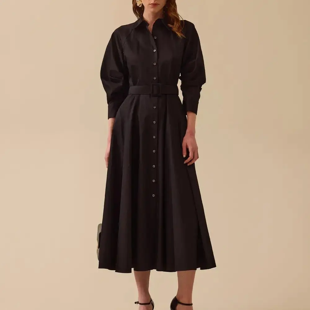 factory custom gathered sleeve belted cotton dress