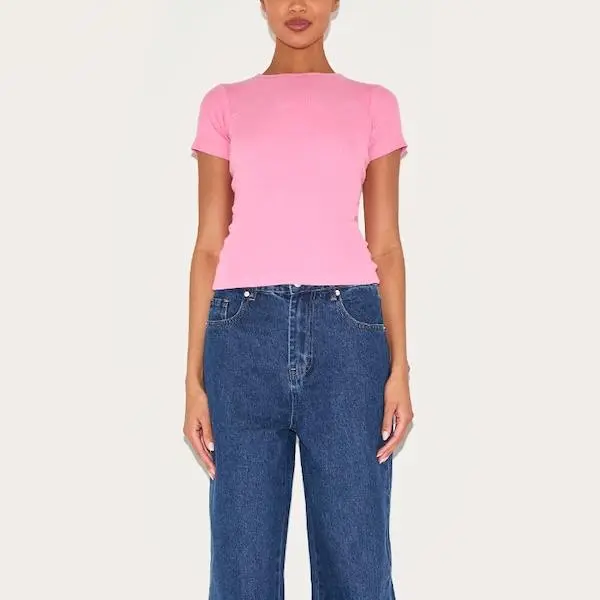 factory custom women Pink Basic Rib Short Sleeve Top.jpg