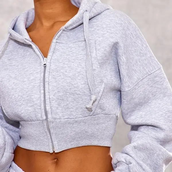 Factory custom Autumn Grey Zip Up Pocket Detail Cropped Hoodie for women.jpg
