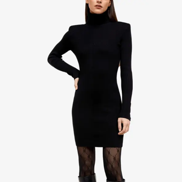 Factory Custom Black Ribbed Turtleneck Long - Sleeved Mini Dress with Gold Button Details