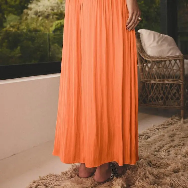 Custom Orange Pleated Satin Maxi Skirt (3).jpg