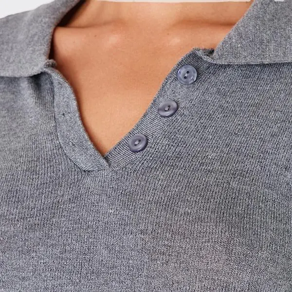 Custom women Charcoal Soft Knit Button Up Polo Top.jpg