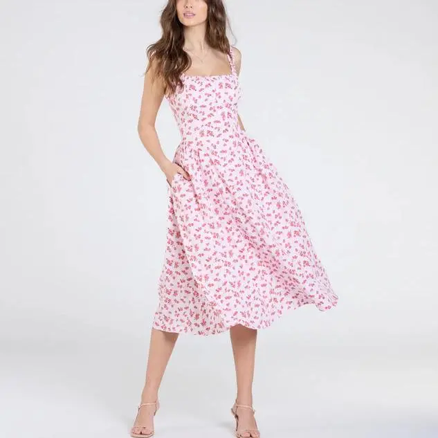 OEM ODM Sunshine Charm Rose Floral A-Line designer women Midi Dress