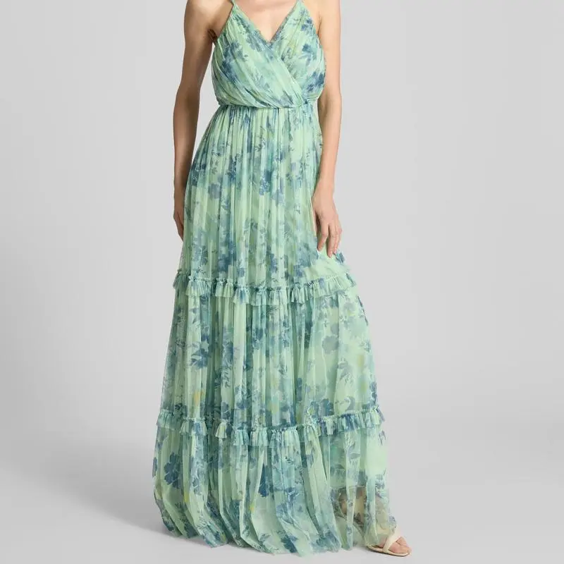 Custom layered look evening light green dress