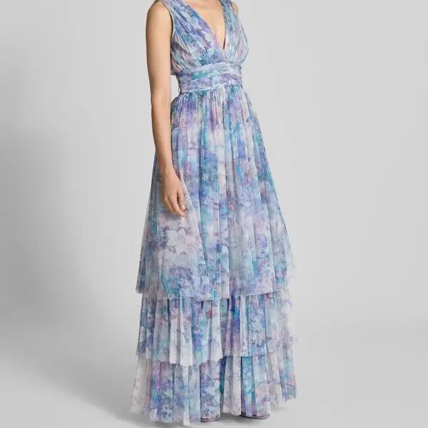 Custom blue pleated evening dress