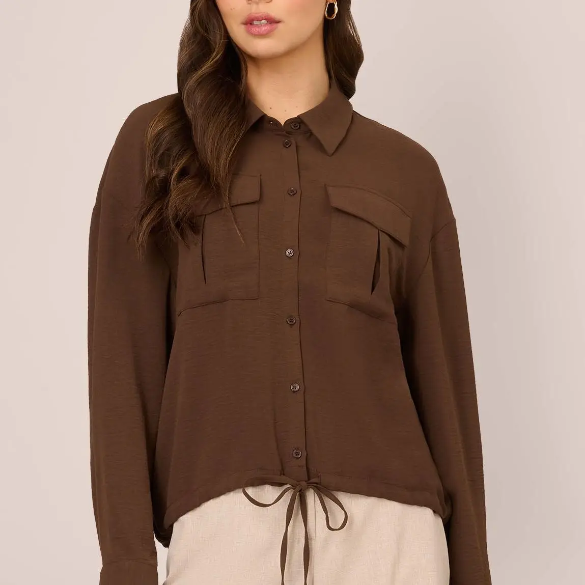 Custom Button Up Utility Shirt With Self Tie Drawstring Tops